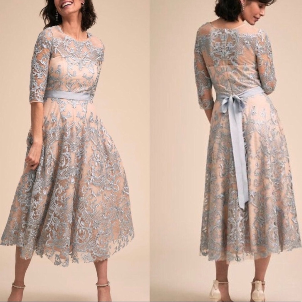 New BHLDN Linden 8 / Med Blue Embroidered Belted MOB / MOG Tea Length Cocktail